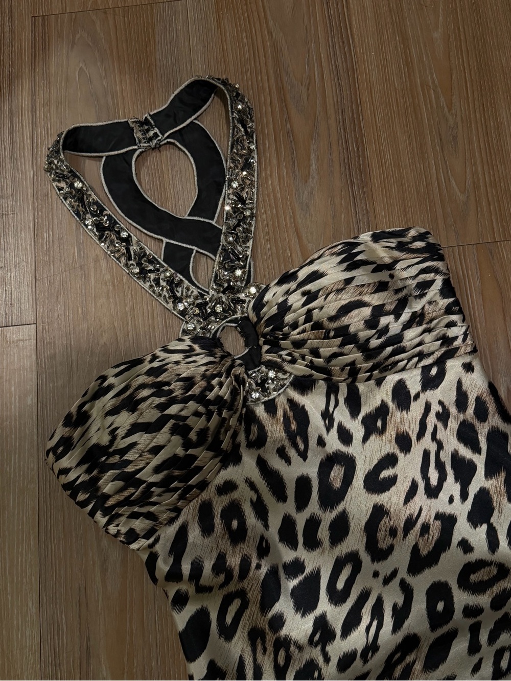 Betsy & Adam Leopard Print Jeweled Halter - Black & Cream